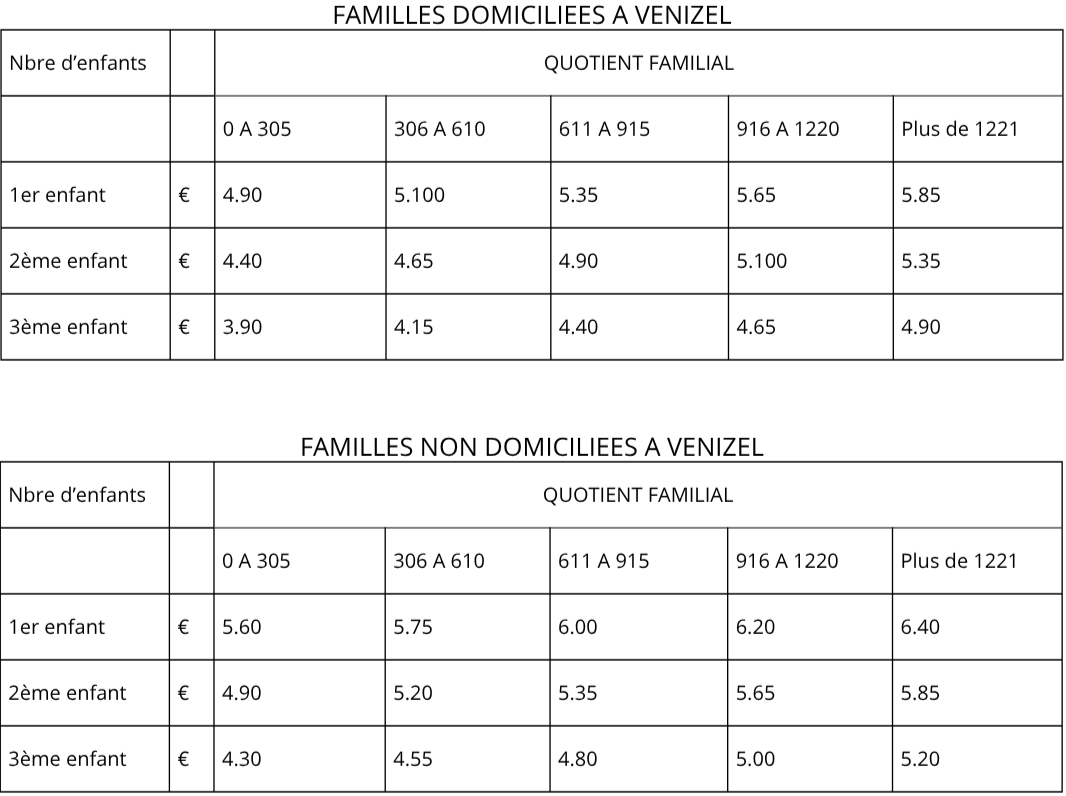 Tarifs de la cantine